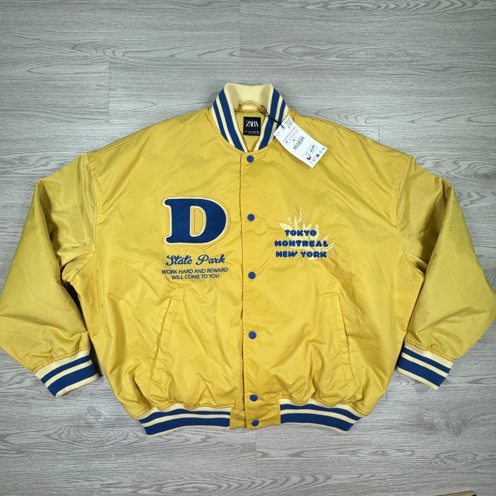 Zara Men's Bomber Jacket State Park Tokyo Montreal New York Yellow Size M NWT